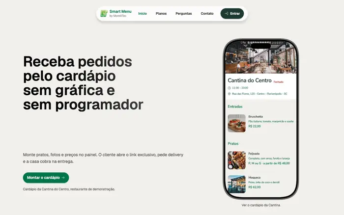 Smart Menu home page with the Cantina do Centro demo menu